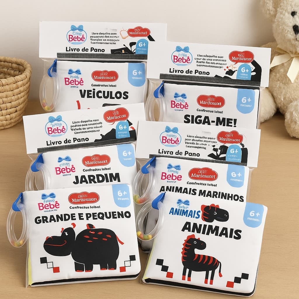 Livro de Pano Infantil Bebê Com Chocalho Baby Montessori Alto Contraste