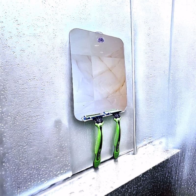 Espelho + Anti Embaçante com Suporte Aparelho Barbear Ventosa em Acrílico Barbear Depilar Box Banho