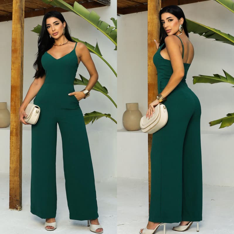 Macacão pantalona feminino Costa fechado decote v alcinha ajustável ziper invisível moda elegante