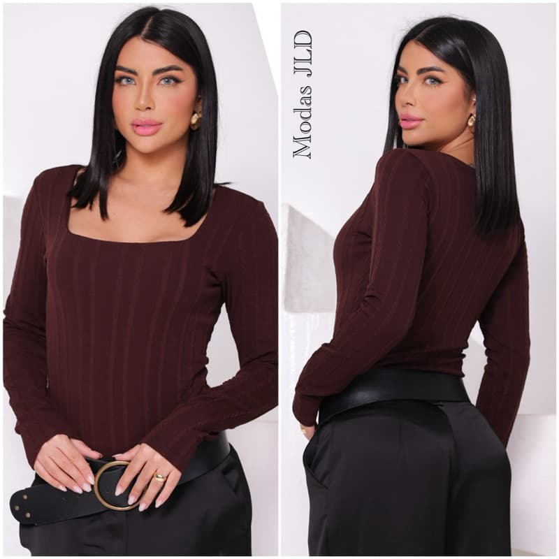 Body Casual Femenino Decote quadrado Manga Longa para Mulheres