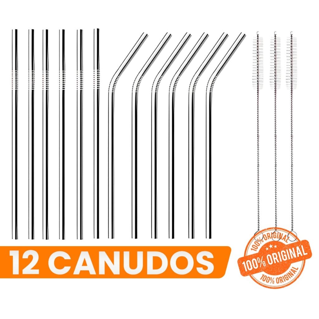 Combo 12 Canudos Inox Curvos com Escova Ecológico Reutilizáveis Laváveis