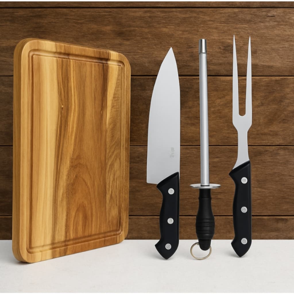 Kit Tábua de Carne Madeira Eucalipto + Faca e Garfo Inox – Resistência e Beleza no Seu Churrasco