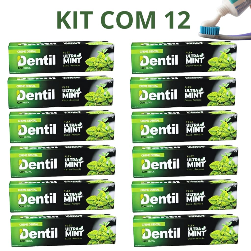 Kit 12 Creme Dental Dentil Ultra Mint Pasta de Dente Sem Flúor Com Xilitol 70g