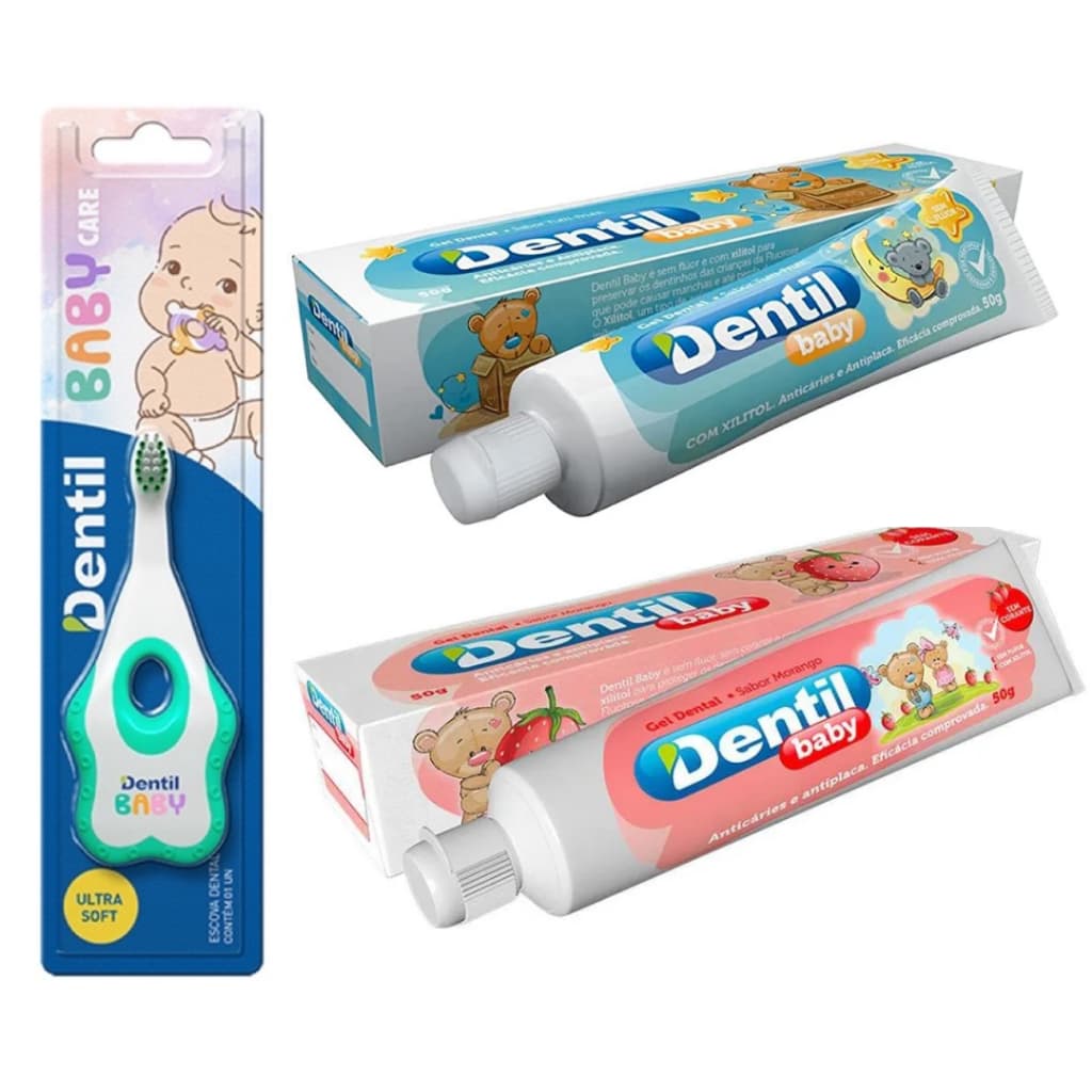 Kit Escova de Dente Infantil Baby Macia Cabo Emborrachado + Gel Dental Dentil Baby 50g
