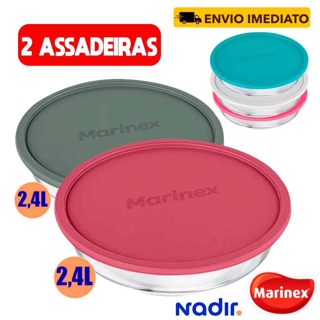 Kit de 02 Assadeiras de Vidro anti Risco com Tampa Redonda Sortidas 2,4L Marinex Tigelas Resistentes