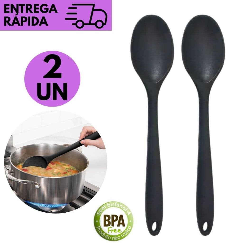 Kits 2 ou 1 Colher de Silicone Preta Resistência ao Calor Antirrisco Utensílio Durável vai ao Fogo