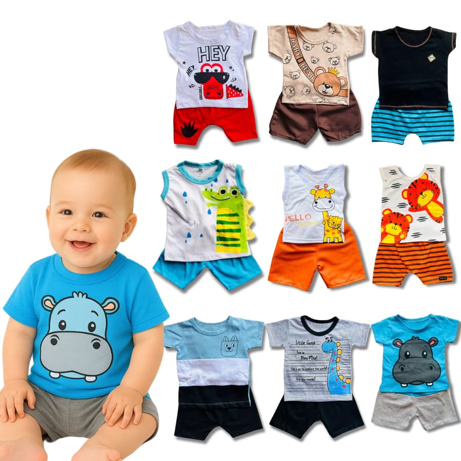 Kit Sortido 10 Peças Roupa de Bebê Menino - 5 Camisetas e 5 Shorts - 5 Conjuntos Roupinhas Para Bebê Menino 0-12 Meses