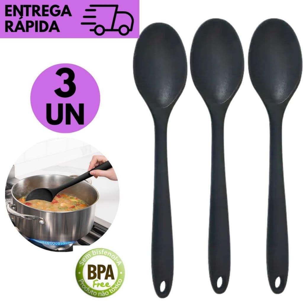 Kits  3 ou 1 Colher de Silicone Preta Resistência ao Calor Antirrisco Cozinha Utensílio Durável