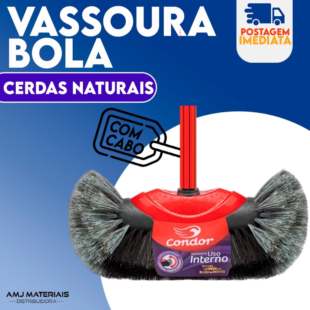 Vassoura Bola CONDOR PELO NATURAL Cerdas Crina Uso Interno Não Risca Chão Porcelanato Teto Com Cabo