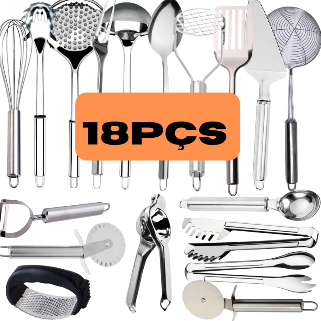 Kit Jogo 18 Talheres Utensílios De Aço 100% Inox Original Multiuso Para Sua Cozinha