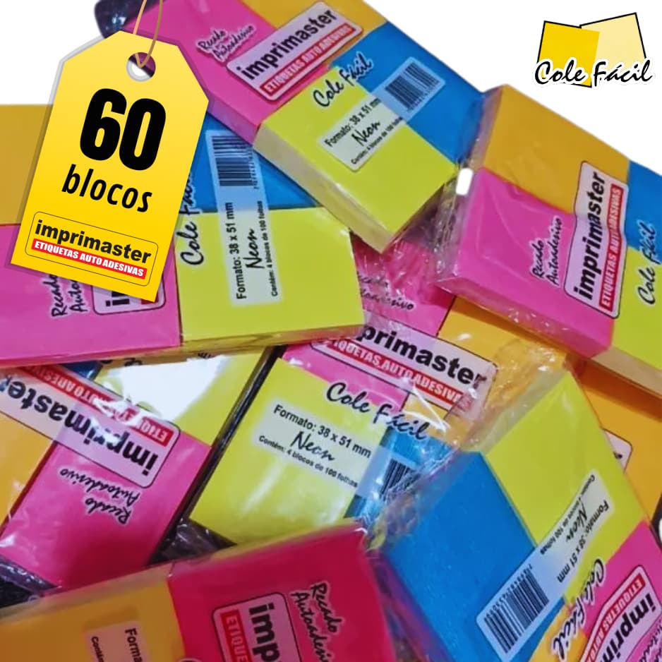 60 Blocos Recados Neon 38x51mm Cole Fácil - 6000 Folhas -  Cores: Rosa, Azul, laranja e Amarelo Neon