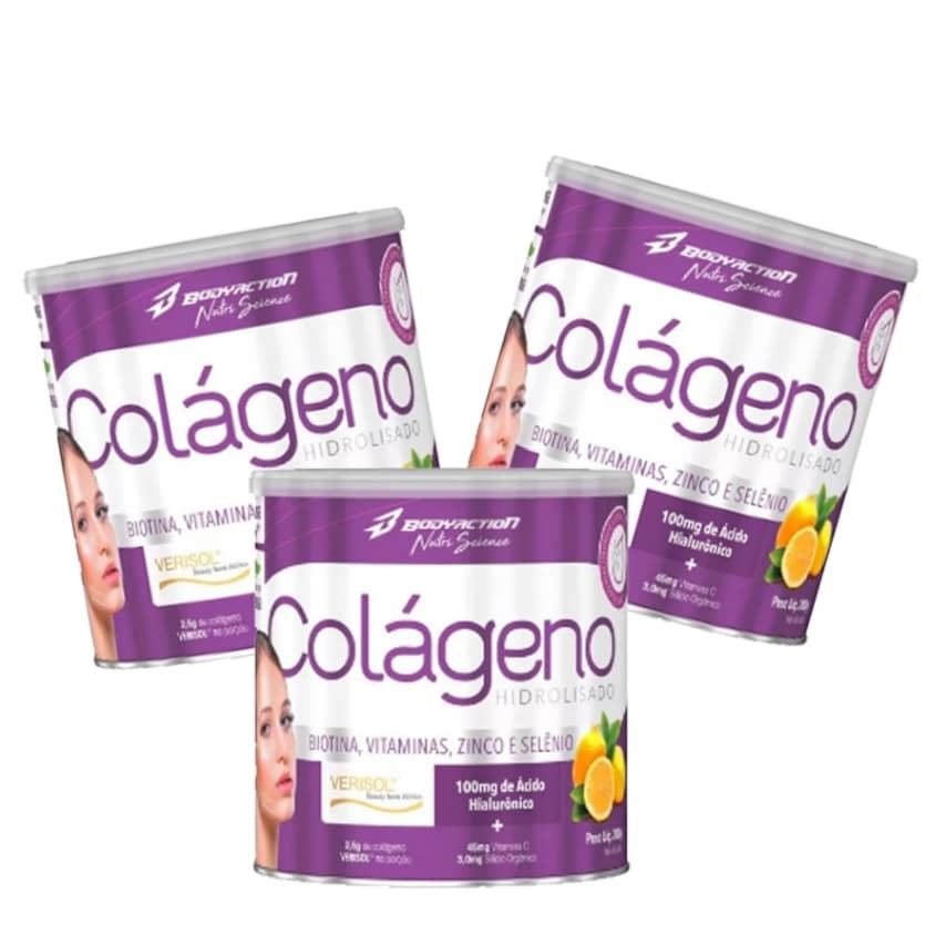 KIT 3 UNIDADES: Colageno VERISOL Hidrolizado c/ acido Hialuronico - Body Action - 200g - (ESCOLA O SABOR)