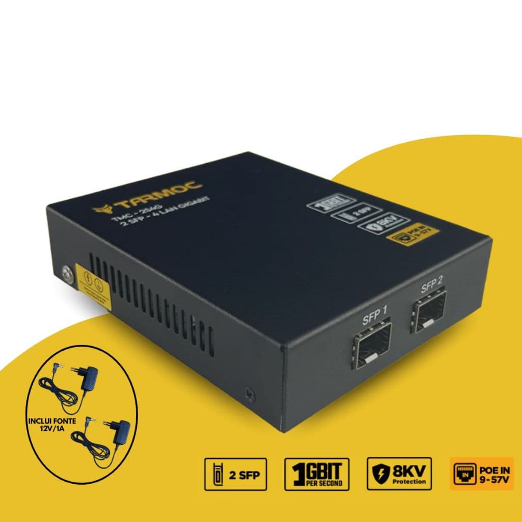 CONVERSOR DE MÍDIA FIBRA ÓPTICA TARMOC TMC-2S4G-P-V1 4 PORTAS RJ-45 1Gbps 2 PORTAS SFP