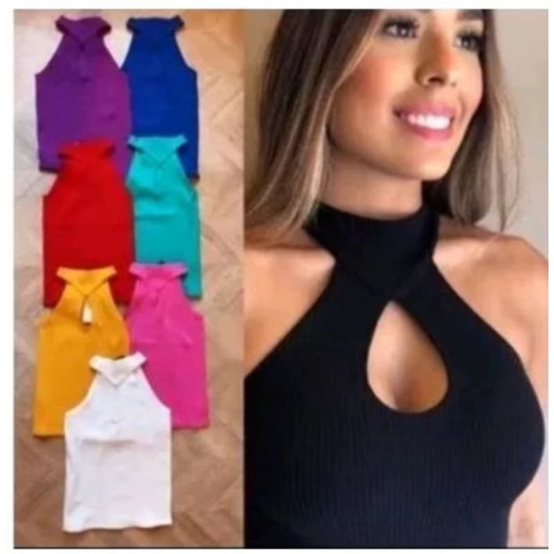 Kit 3 Blusa Feminina Regata C/Bojo Gola Alta com Decote Gota Chique Moda Blogueira