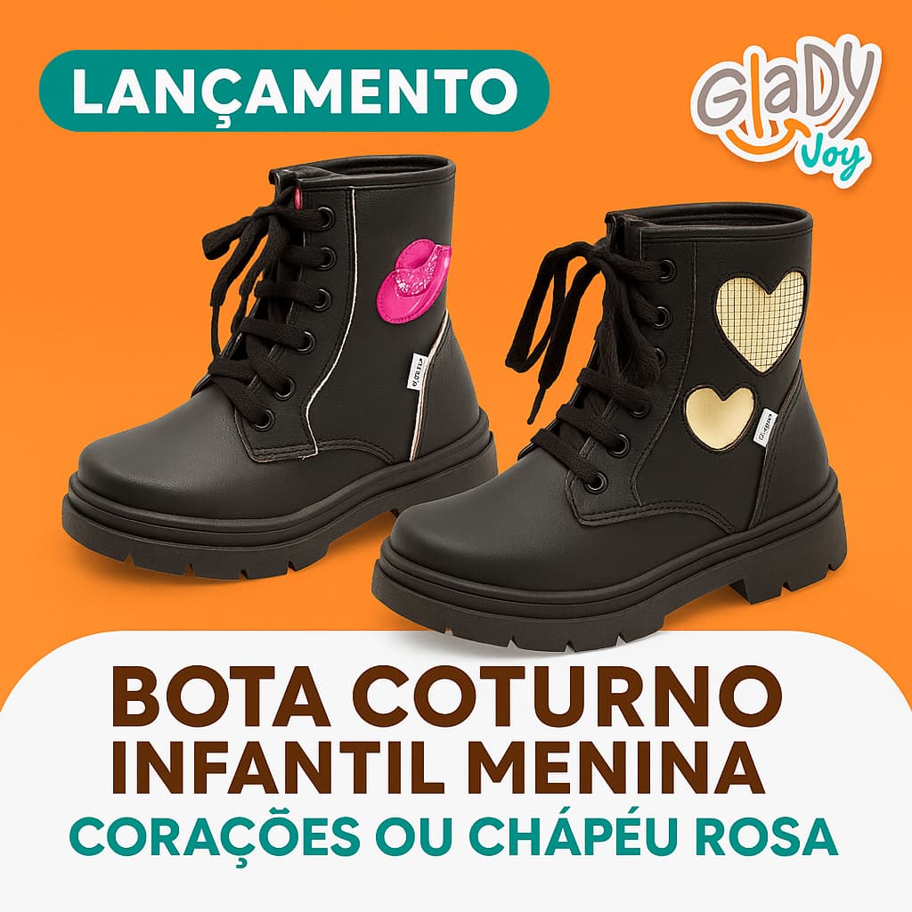 Bota Coturno Infantil Menina Cano Médio Cadarço Corações Chapéu Rosa Feminina Promoção Glady