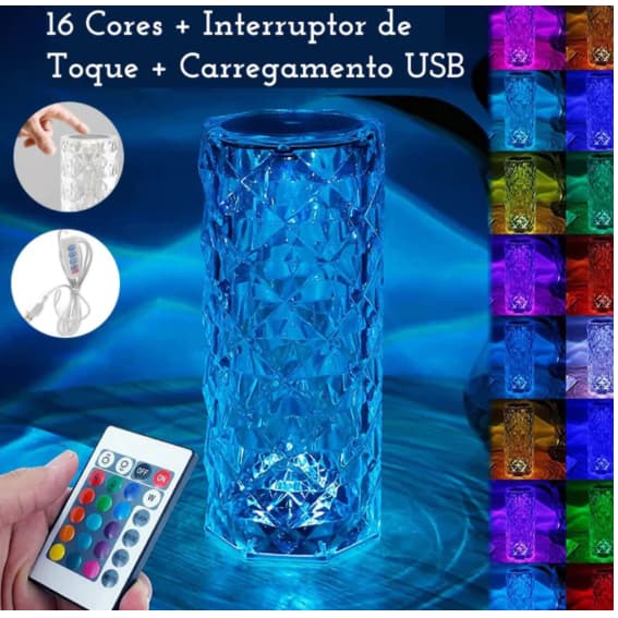 Luminária Abajur Cristal Led Rgb Usb Com Controle Remoto
