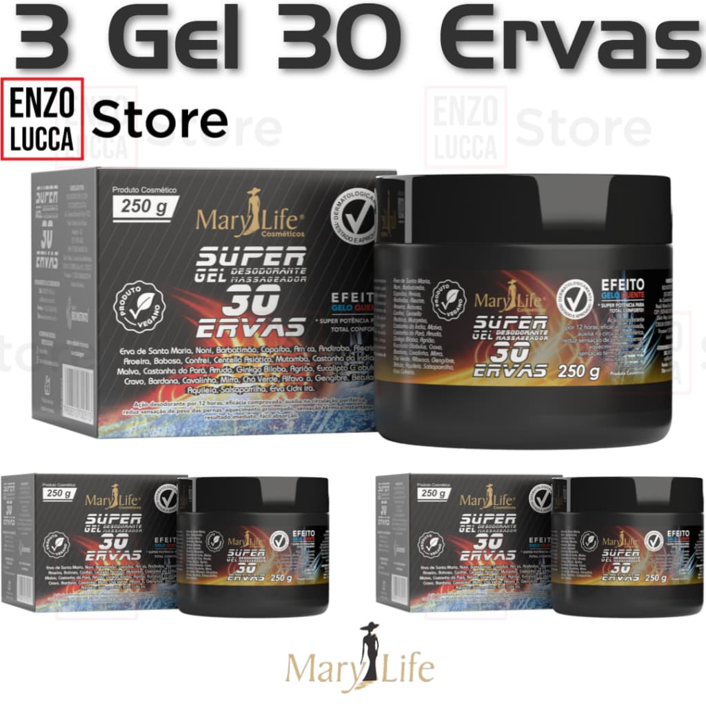 Kit 3 unid Super Gel 30 Ervas 250g Massagem Atleta Academia Relaxamento Mary Life Efeito Quente Frio
