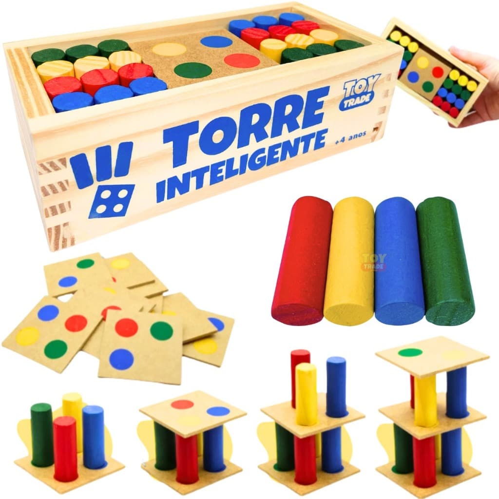 Torre Inteligente Colorida Educativa em Madeira 34 peças – Jogo Pedagógico Interativo Premium