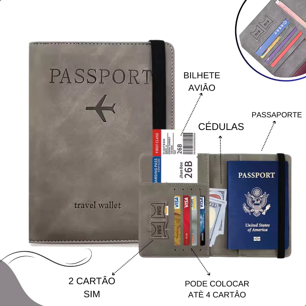 Porta Passaporte Documentos Cartão Carteira Cartões Cédulas Viagem Premium