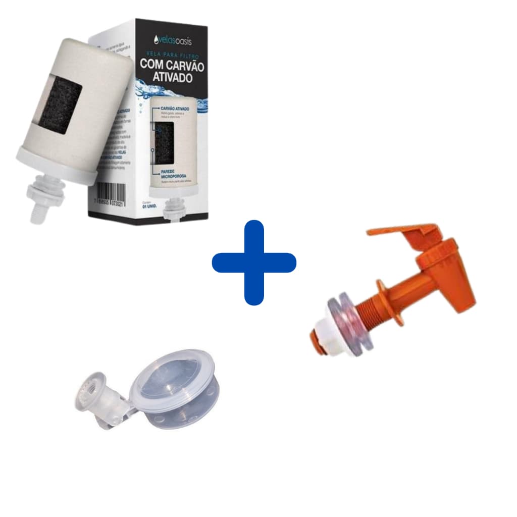 Kit Vela Carvão Ativado Filtro De Barro + 1 Boia Dosadora + 1 Torneira Marrom
