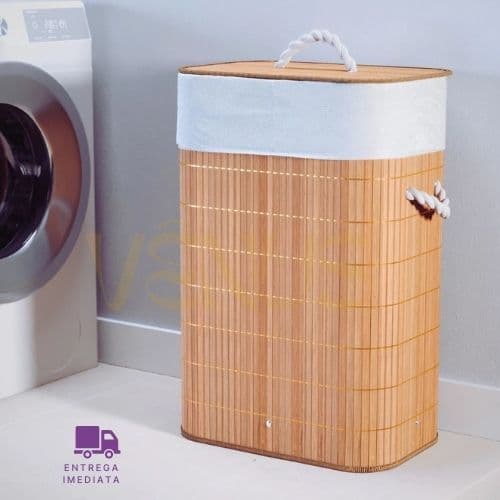 Cesto de Bambu com Tampa e Forro Dobrável e Resistente