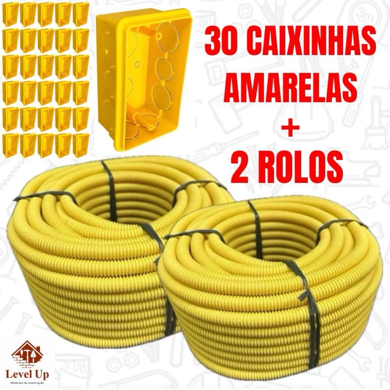 Conduíte Eletroduto Corrugado Kit 2 Unidades + 30 Caixinhas Amarela 4x2