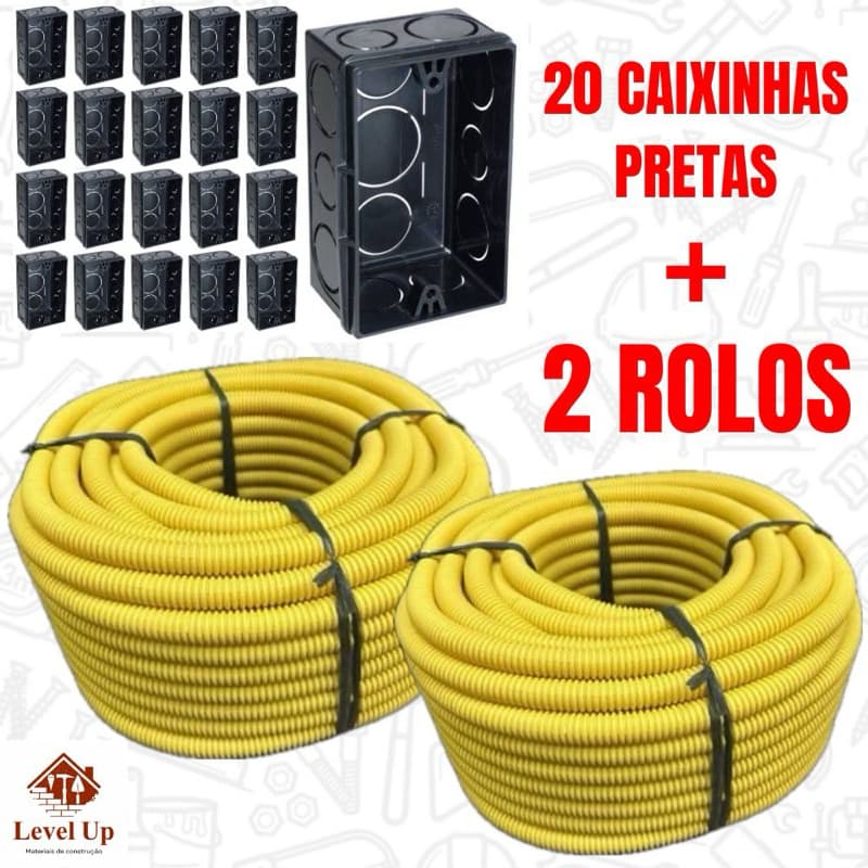 Conduíte Eletroduto Corrugado Kit 2 Unidades + 20 Caixinhas 4x2 Preta