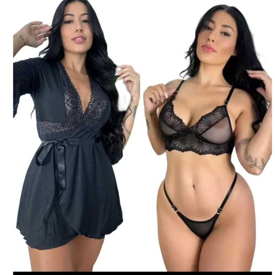 Kit robe com conjunto de tule calcinha e sutiã sem bojo kimono roupão de dormir