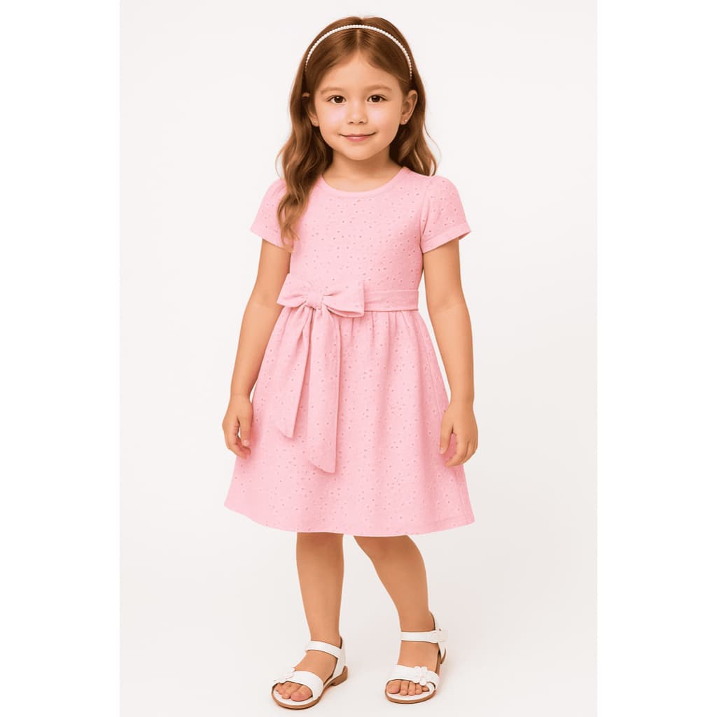 Vestido Infantil Rodado Laise Manga Curta Fofa E Faixa