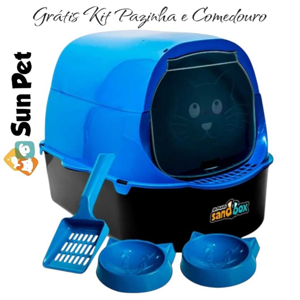 Caixa de Areia Pet Banheiro De Gato Fechada Grande Pet Kit Jel Plast Comedouro e Pazinha