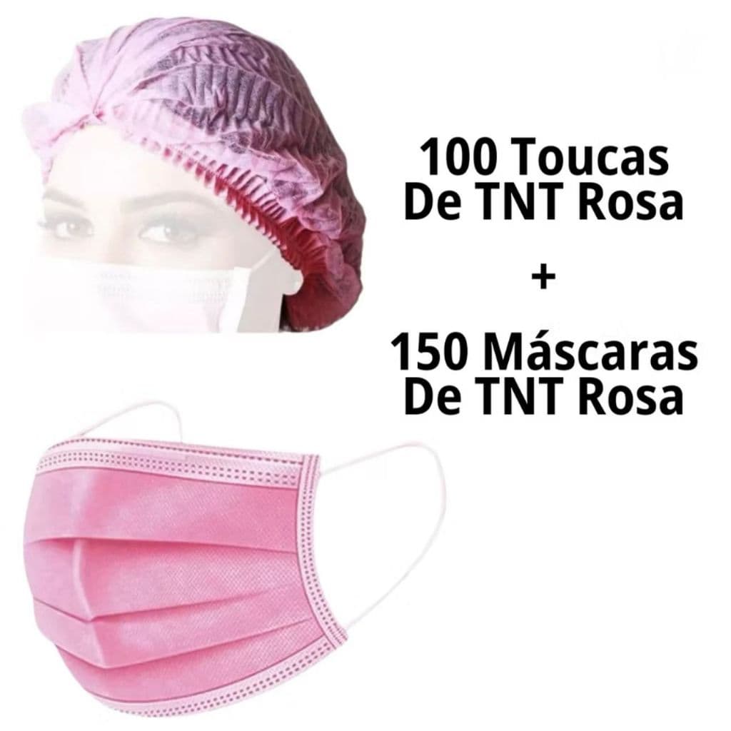 Kit 100 Toucas Descartável TNT Rosa + Máscara Descartável 150 Unidades Rosa TNT Proteção Para Adulto