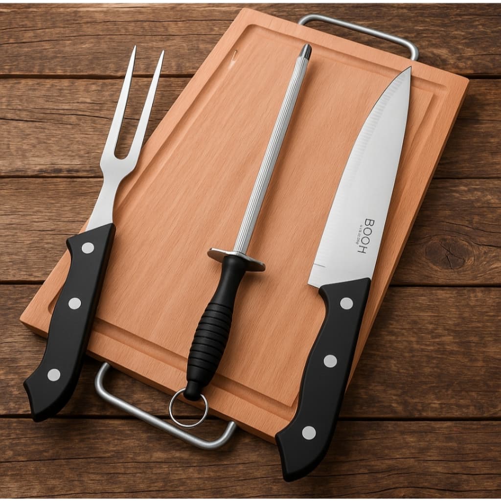 Kit Tábua de Carne 22x36cm com Faca e Garfo Inox – Madeira Resistente para Churrasco