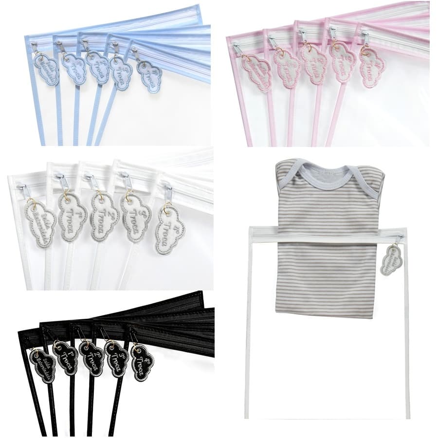 Kit 5 Saquinhos Maternidade Com Tag Bordada De Identificação Com Zíper