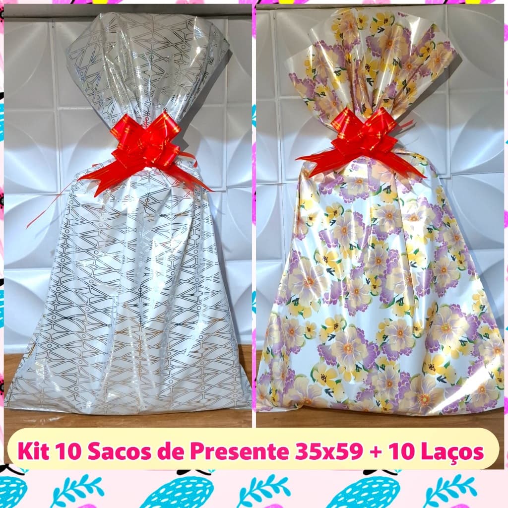 Kit 10 Sacos de presente tamanho grande 35x59 + 10 laços fácil
