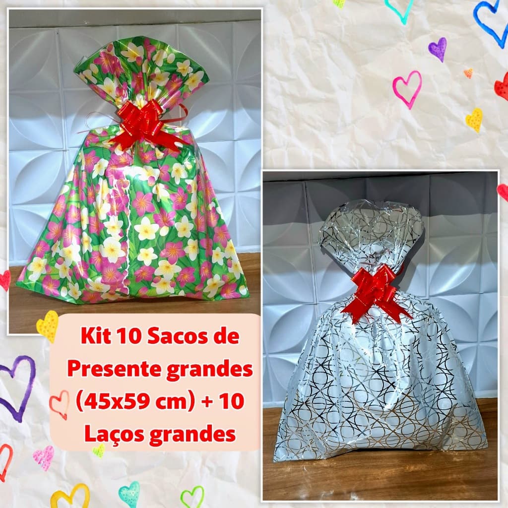 10 Sacos de presente Tamanho grande 45x59 + 10 laços fácil