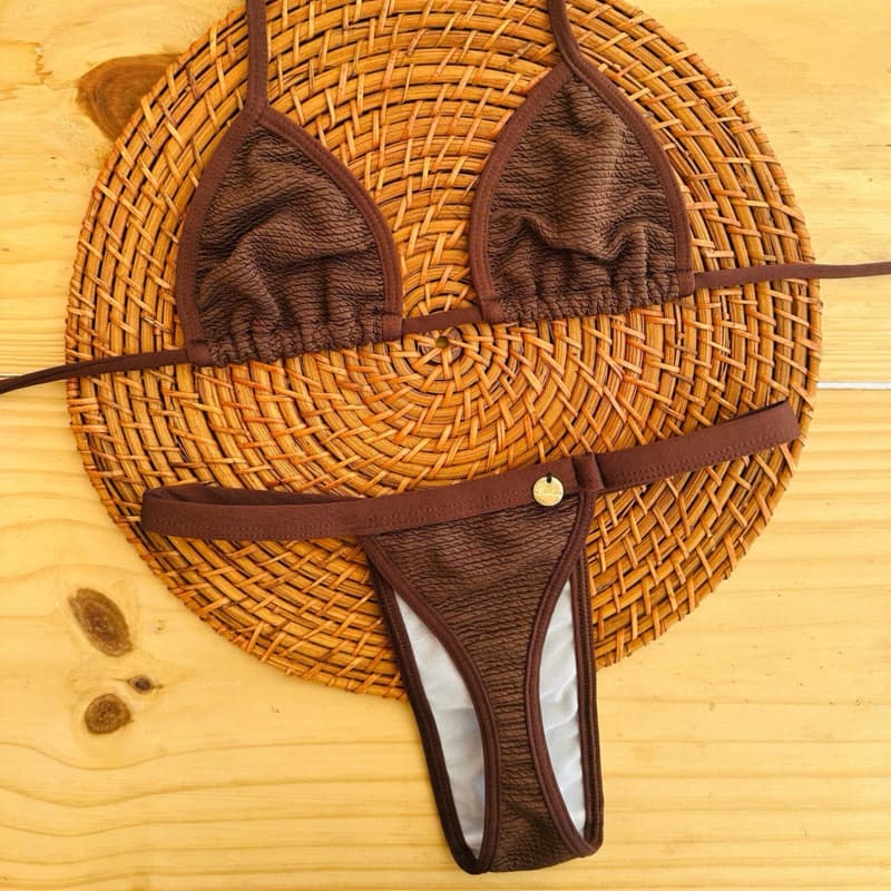 conjunto biquíni Cortininha fita bronze tecido anarruga