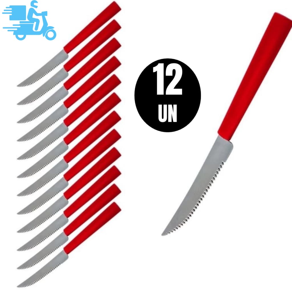 Conjunto com 12 Faca de Churrasco Talher Aço Inox 22cm Cabo Colorido Vermelho Linha Home