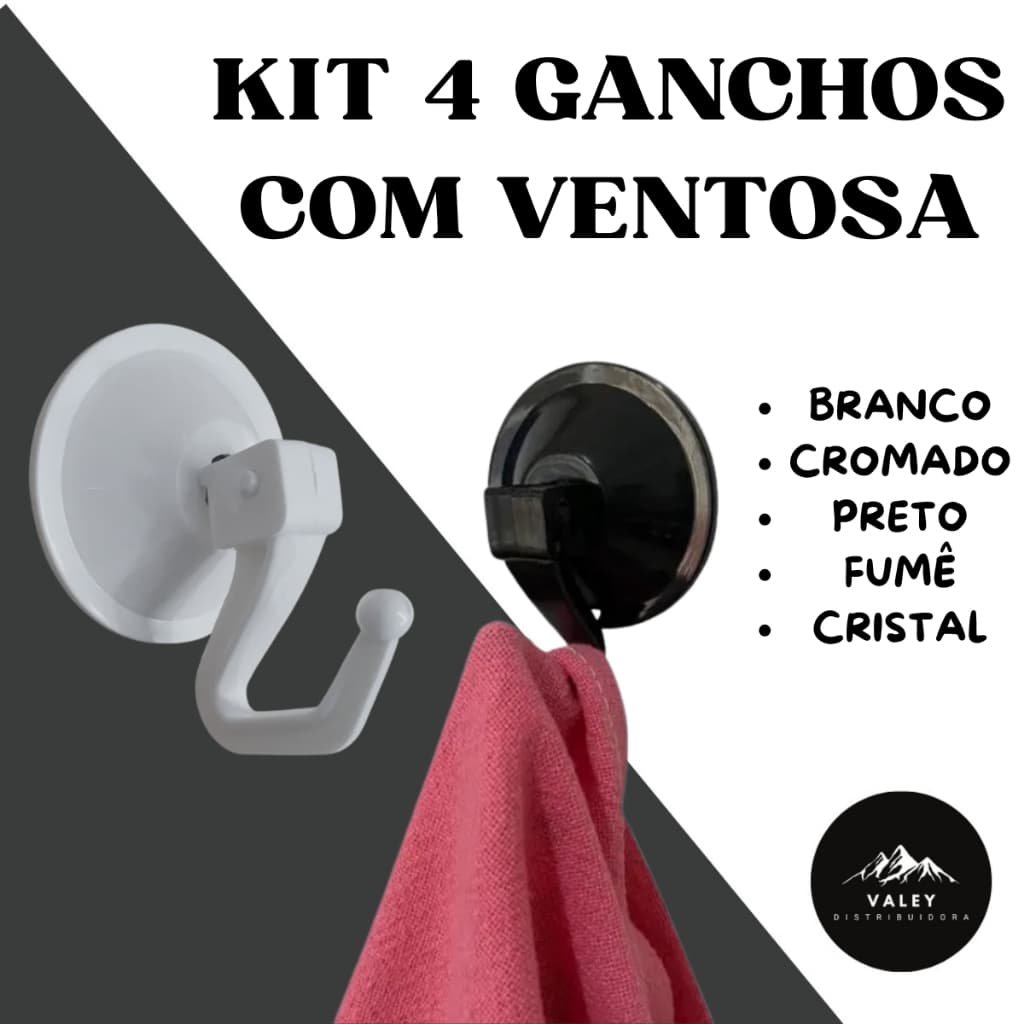Kit com 4 Ganchos Com Ventosa Multiuso - Não Precisa Furar