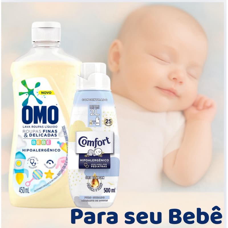 OMO Lava roupas Bebê + Comfort Puro cuidado Hipoalergênico.
