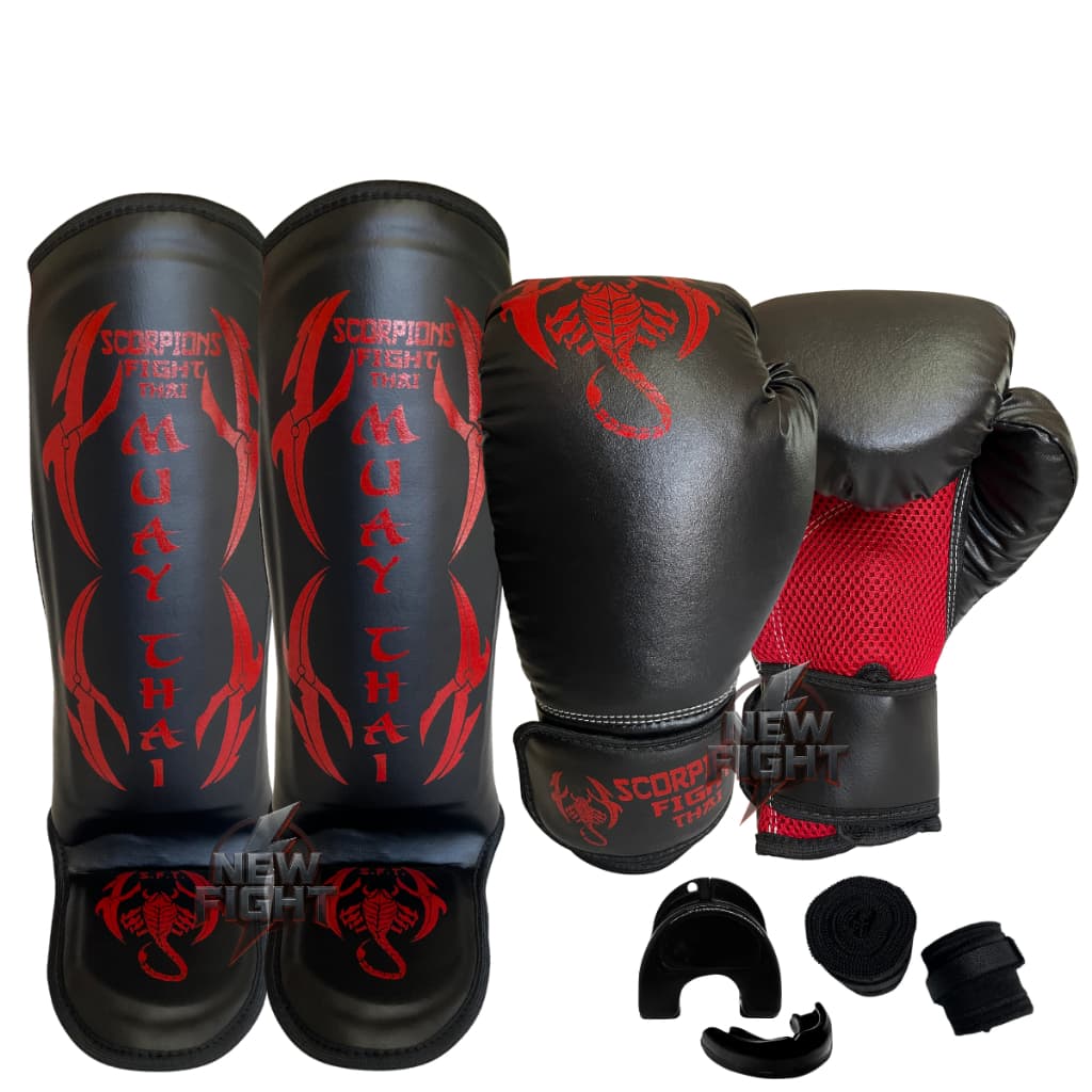 Kit Muay Thai Luva + Caneleira + Bandagem + Bucal