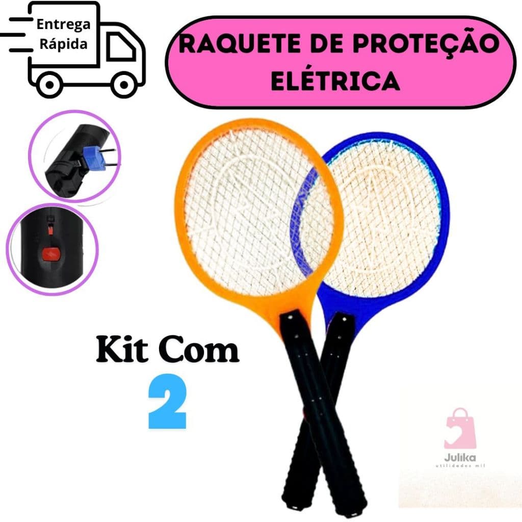 Raquete Elétrica Kit Com 2 Unidades Bivolt Recarregável Protege Contra Mosquitos