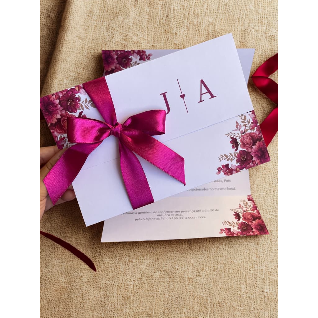 Convite de Casamento | FAZEMOS TODAS AS CORES | Personalizado | Convite com fita de cetim | incluso convites individuais