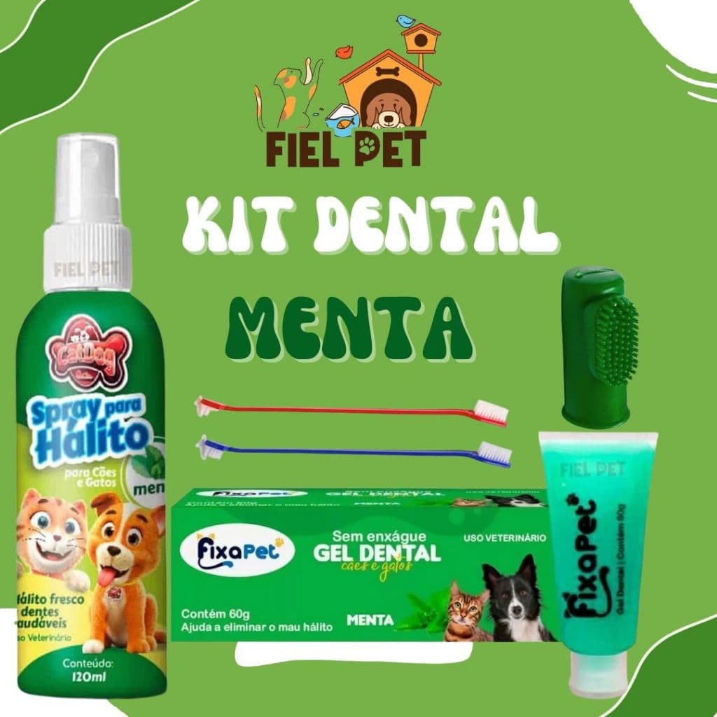 Kit Higiênico Dental Pet Cães e Gatos Creme 2 Escovas 1 Dedeira 1 Spray