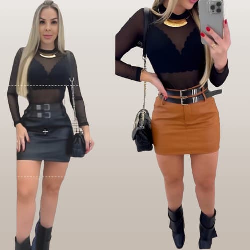 Short Saia De Couro Ecológico Sintetico Feminino Com Dois Cintos