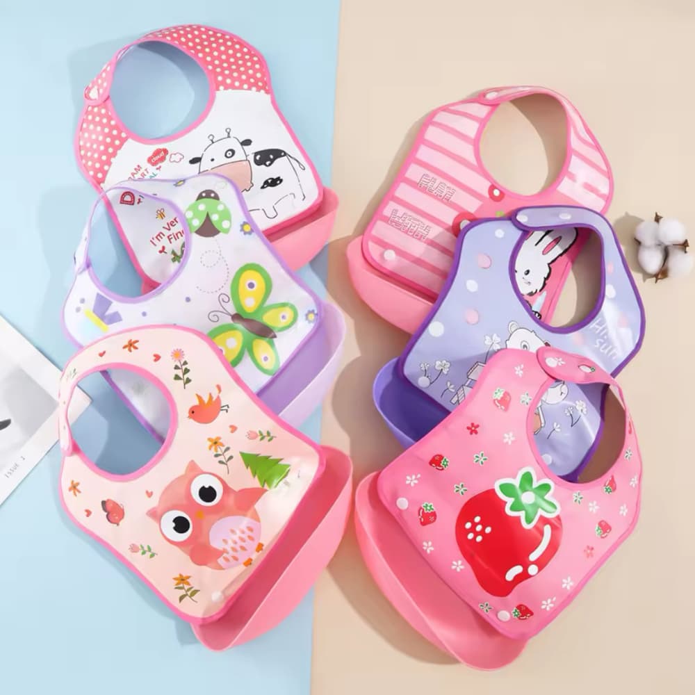 Babador Infantil Impermeável com Bolso Cata Pega Migalhas Bebê fofo Plástico BLW