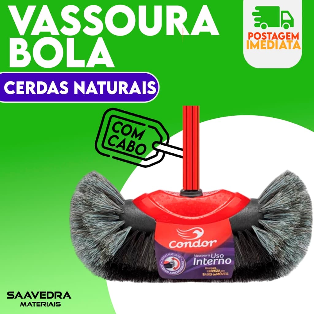 Vassoura Bola CONDOR PELO NATURAL Cerdas Crina Uso Interno Não Risca Chão Porcelanato Teto Com Cabo
