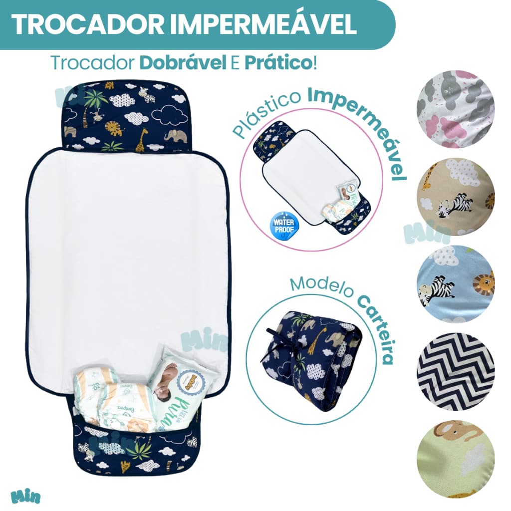 Trocador Impermeável Bolsa Dobrável Acolchoado Com Bolso Estampado Safari Azul Marinho
