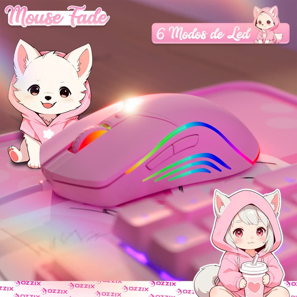 Mouse Gamer Rosa LED RGB 8000DPI com Software Programável Sensor Gamer Profissional Fofinho Feminino Presente Fade Ozzix