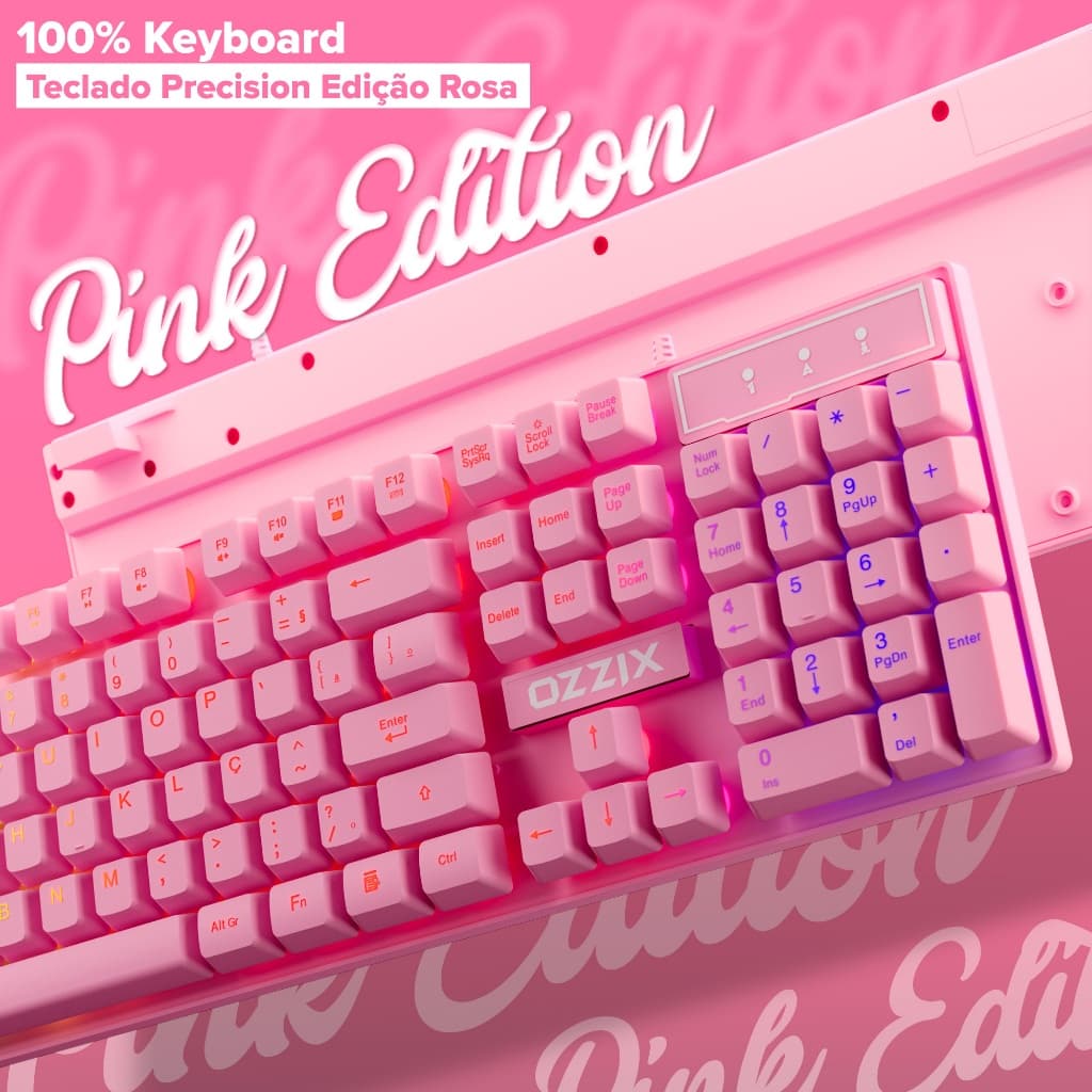 Teclado Gamer Rosa RGB Profissional Semi-Mecânico Fofinho Feminino Presente ABNT2 Precision Ozzix