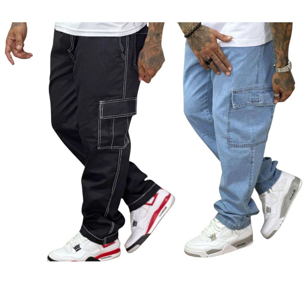 Kit 2 Calças Cargo Masculino 6 Bolsos skate Larga Fechamento Cordão